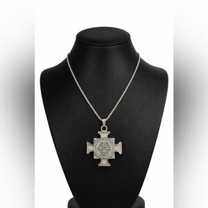 St. Benedict Cross Necklace – Stainless Steel Faith Pendant (24”)
